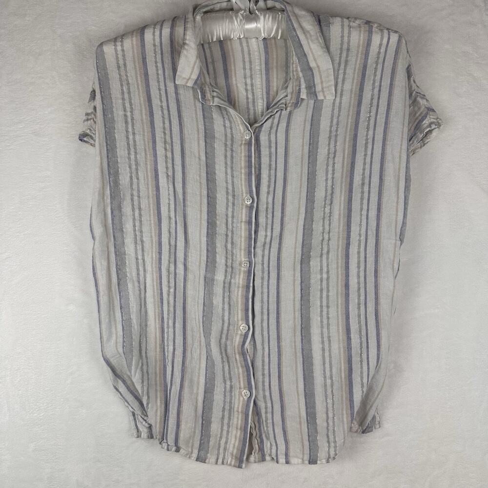 Renuar Linen Blend Striped Metallic Button Front Blouse Top Size Small